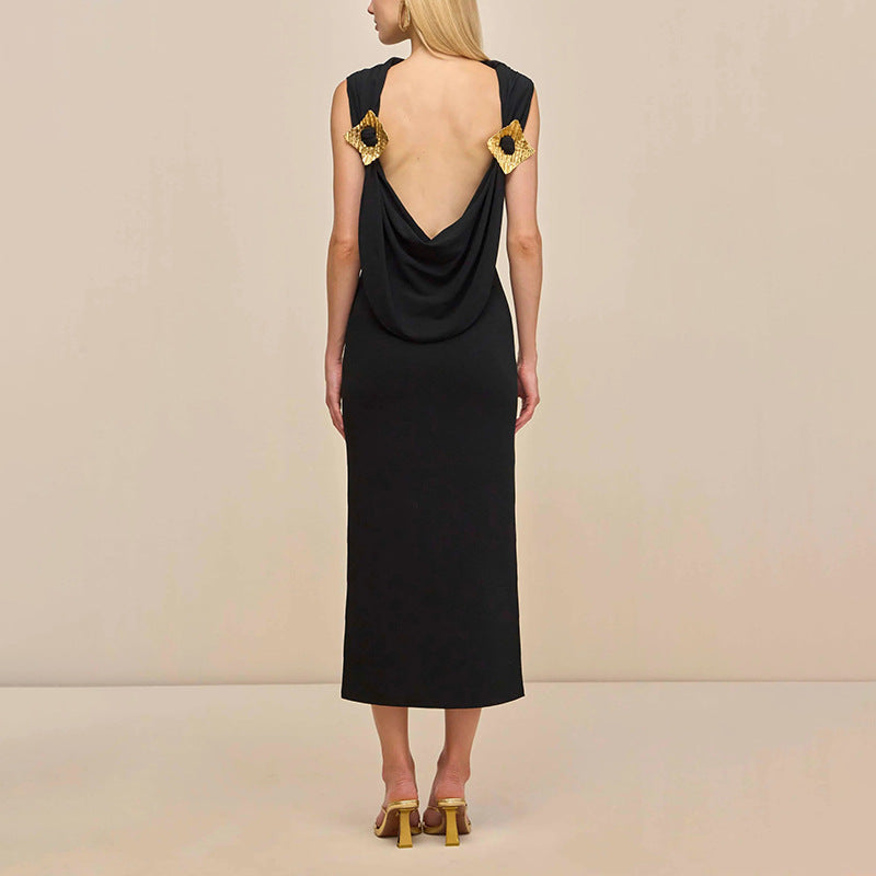 Sexy, leicht reifes, rückenfreies Herbst-Midikleid mit Taillierung für Damen