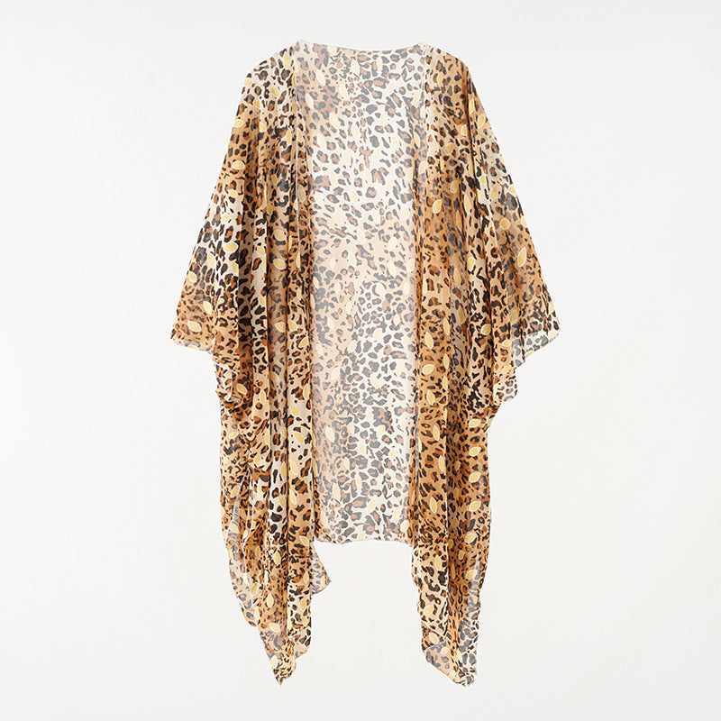 Sommer Damen Kleidung Leopardenmuster Fledermausärmel Hemd Mittellanger Cardigan Bluse