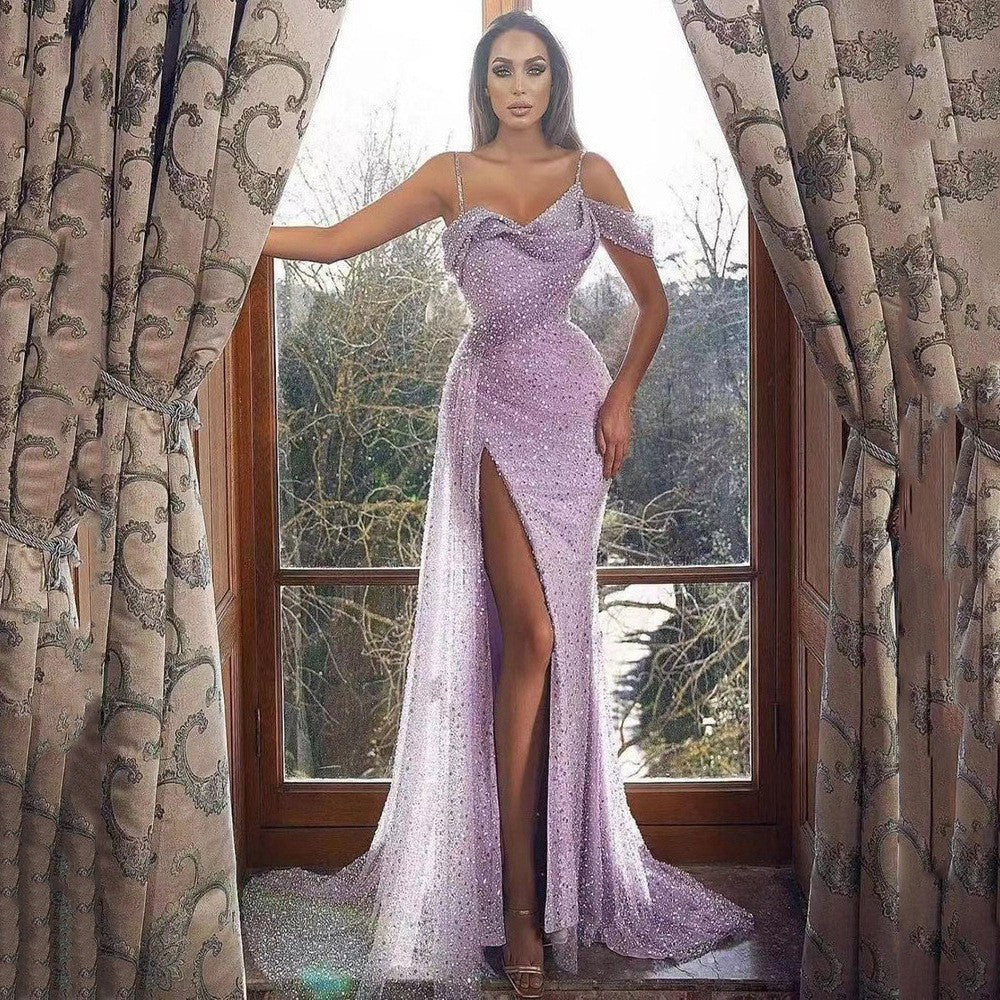 Ankunft Damenbekleidung Kleid Camisole-Kleid Split Pailletten Unregelmäßig Asymmetrisches Abendkleid