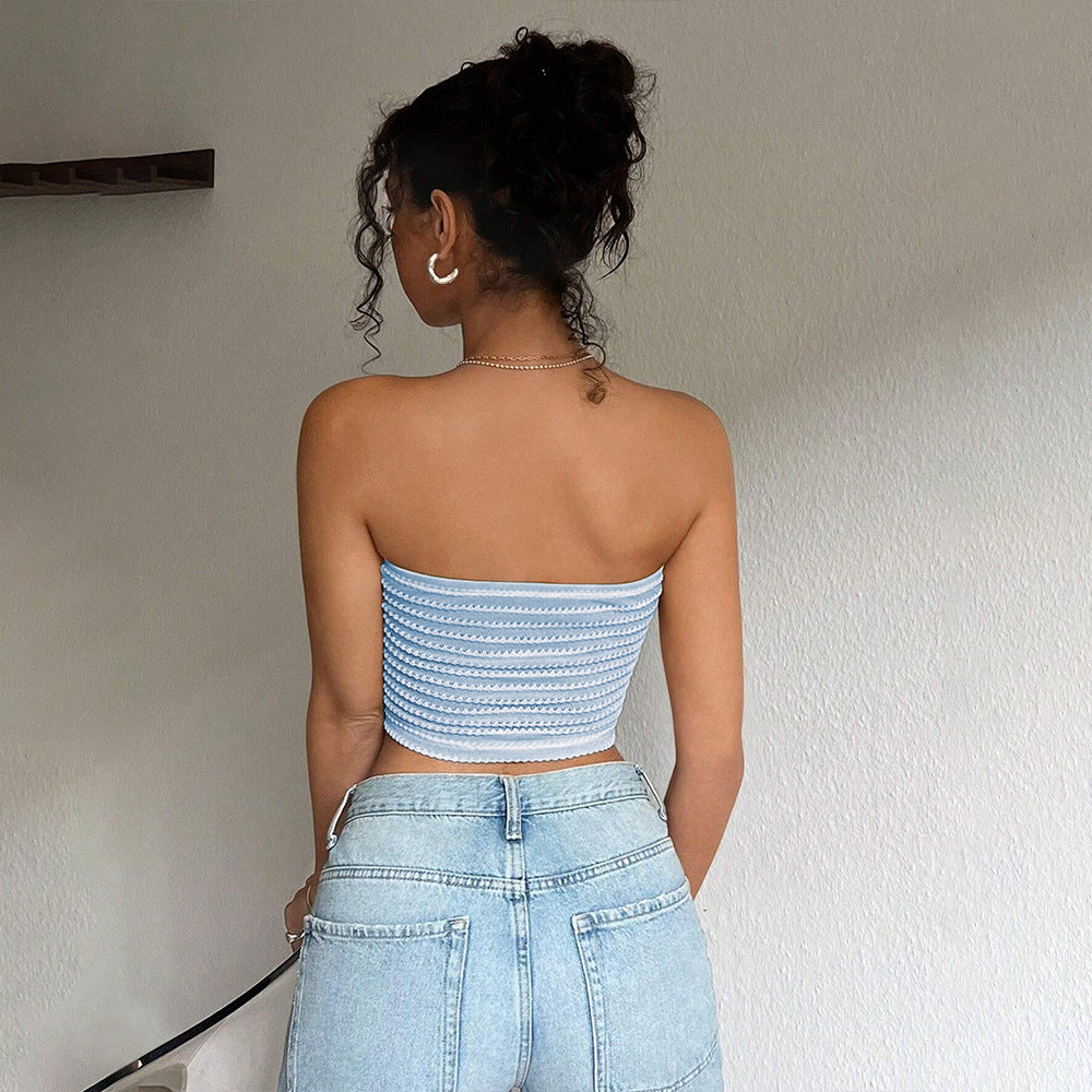 77Sexy Blau Weiß Gestreiftes Tube Top Ärmelloses Cold Shoulder Enges Kurzes Urlaubswesten-Top für Damen