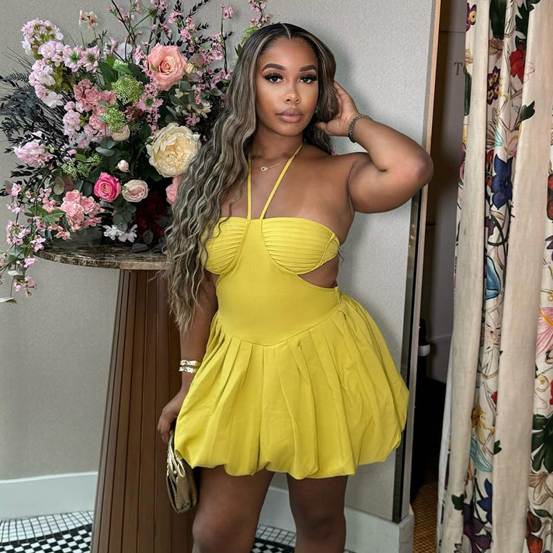 Damenbekleidung Herbst Süß Frisch Neckholder Tube Top Rückenfreies High Waist Kurzes Kleid Volantkleid