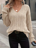 Damenbekleidung Herbst Winter V-Ausschnitt Pullover Damen Zopfmuster Einfarbig Pullover Locker Oberteil