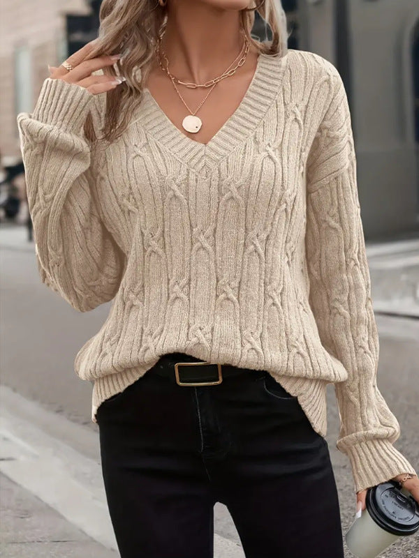 Damenbekleidung Herbst Winter V-Ausschnitt Pullover Damen Zopfmuster Einfarbig Pullover Locker Oberteil