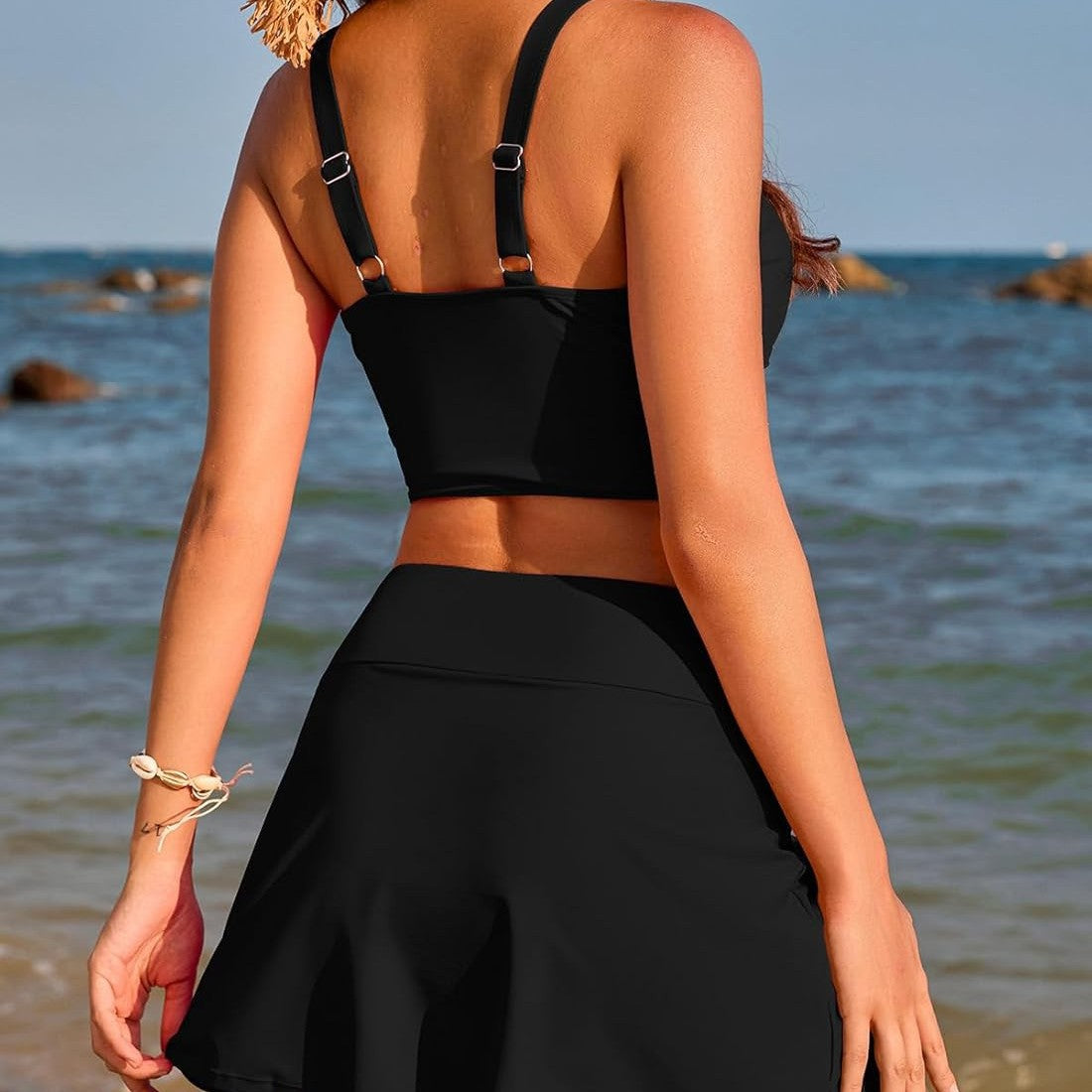 Einfarbig Push up High Waist Culottes Sexy Split Bikini Badeanzug Bademode Damen