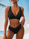 Bikini Uni tiefer V-Ausschnitt gerippt versenkte Streifen sexy Bikini geteilter Badeanzug Damen