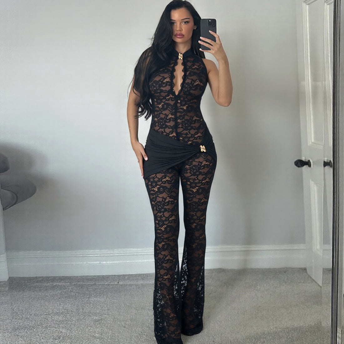 Herbst Winter Damen Spitze Nähte Ärmellos Sexy Hohe Taille Slim Fit Mikro-Strampler