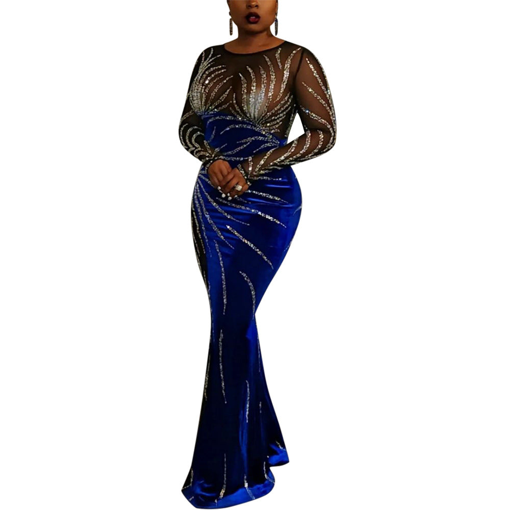 Maxikleid Sexy Transparent Mesh Naht Samt Party Abendkleid Damen