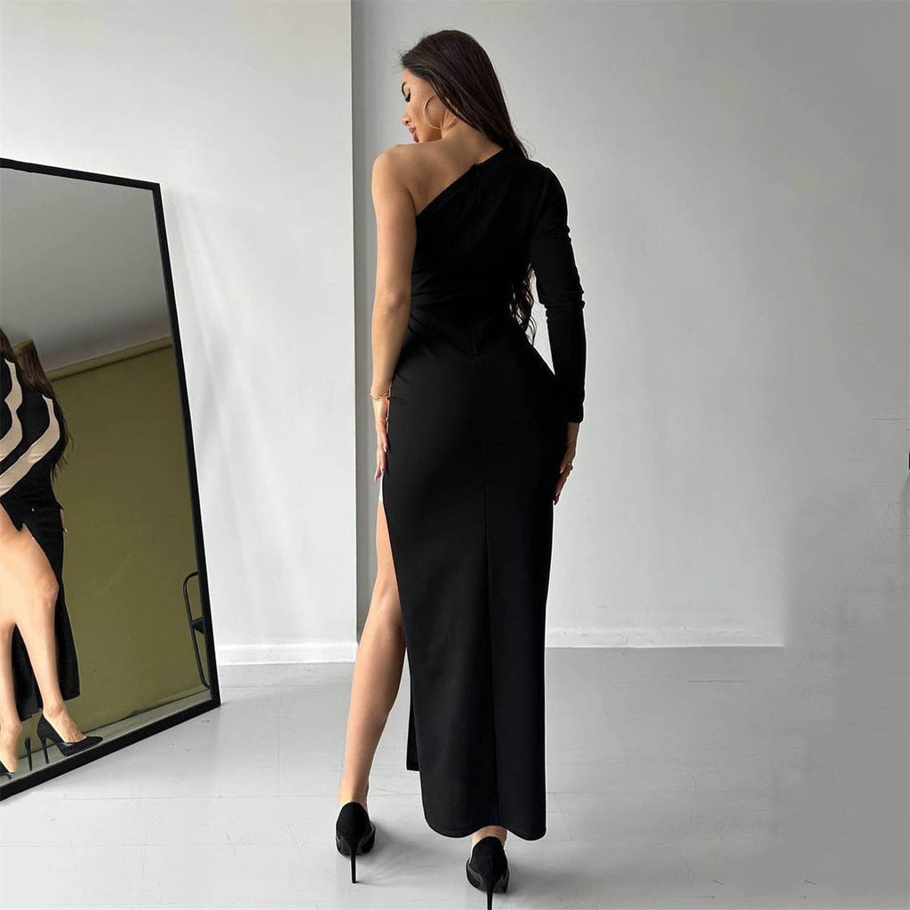 Sexy Damenbekleidung Diagonaler Kragen Einarm-Kleid Damen Mesh-Einsatz Sexy Schlitz Midi-Kleid Damen