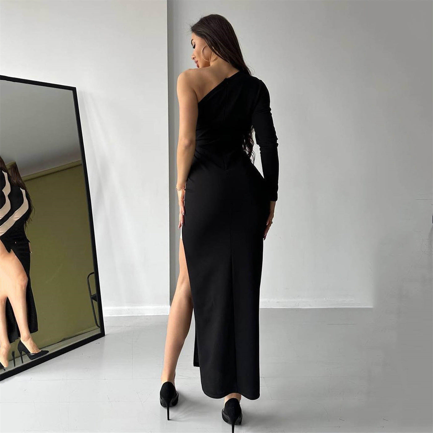 Sexy Damenbekleidung Diagonaler Kragen Einarm-Kleid Damen Mesh-Einsatz Sexy Schlitz Midi-Kleid Damen