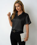 Vêtements pour femmes en satin de couleur unie avec col montant, chemise en satin à manches courtes