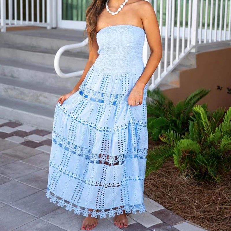 Robe longue décontractée printemps, broderie haute couture, ajourée, coupe bustier, vêtements femme