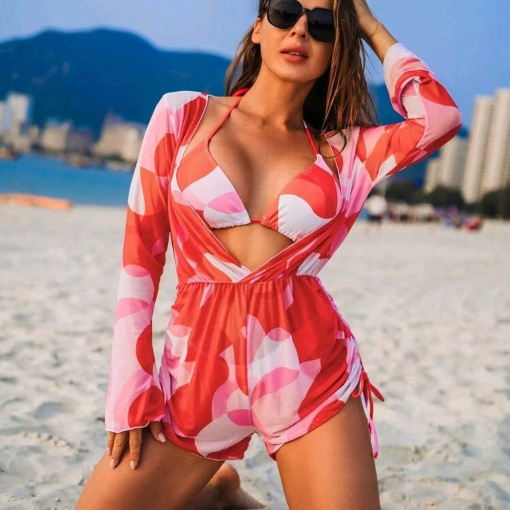 Maillot de bain une pièce à manches longues et maillot de bain trois pièces avec bikini et paréo en maille pour femme