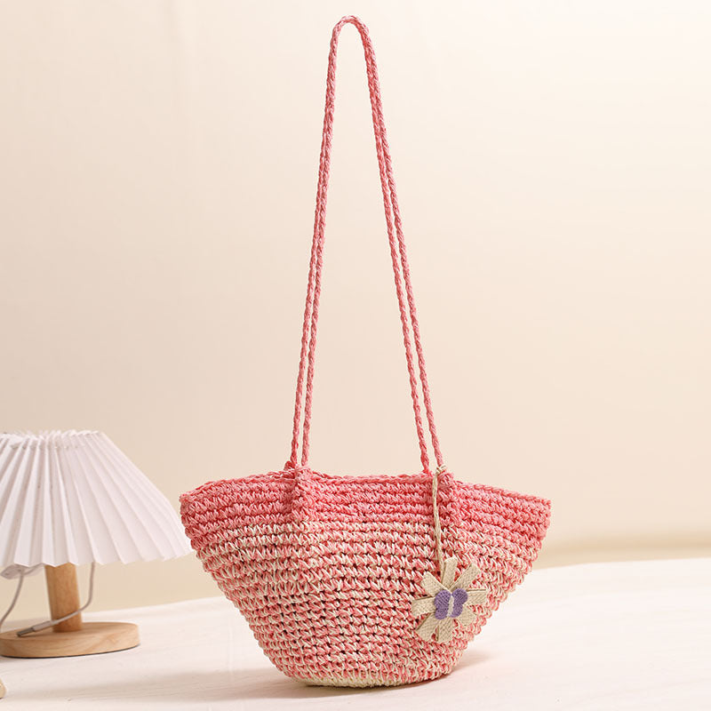 Sac en paille fleuri Sac en paille de couleur dégradée Sac tissé Sac de plage de vacances Sac à bandoulière