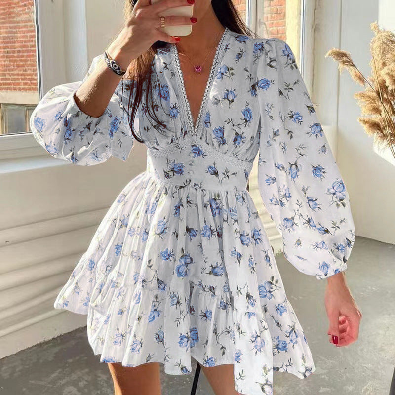 Robe Courte Élégante à Imprimé et Encolure en V avec Dentelle à la Taille pour Femme Printemps