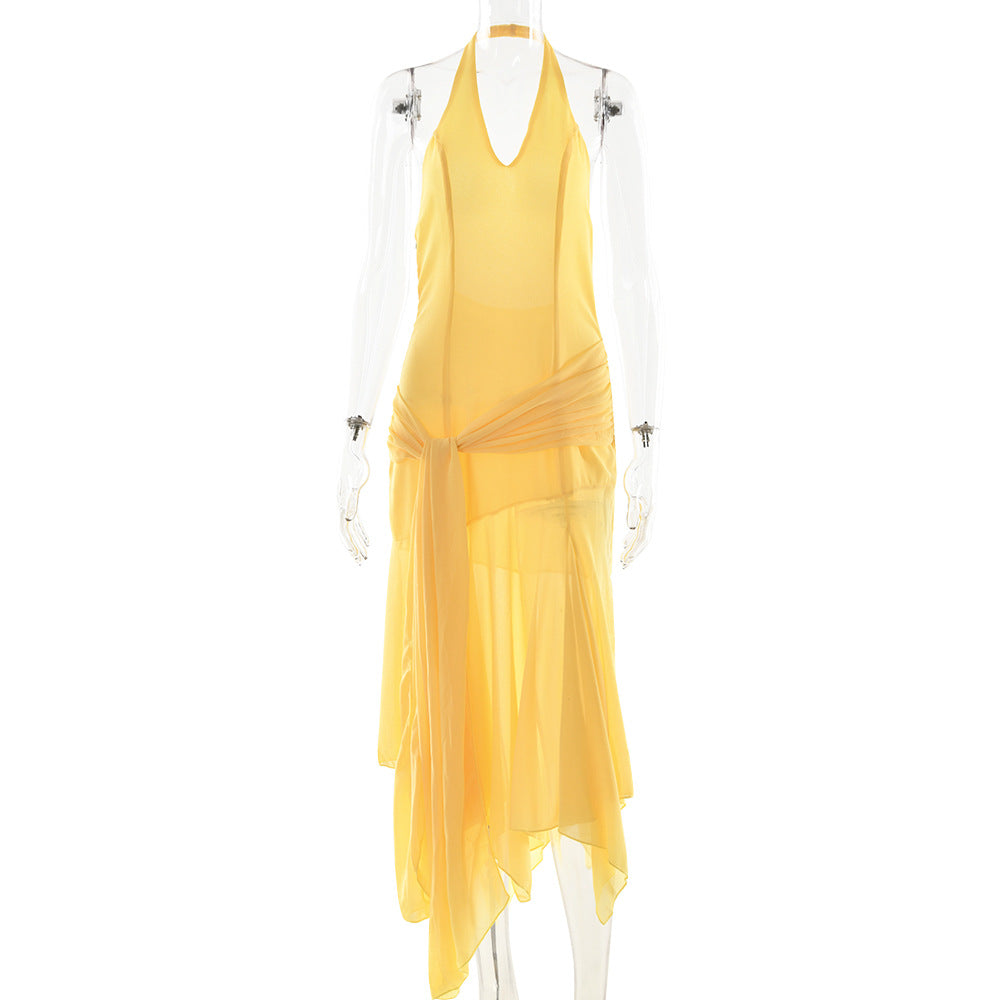 Sommer Halter Chiffon Durchsichtiges Kleid Sexy Tief V Ausschnitt Band Kleid