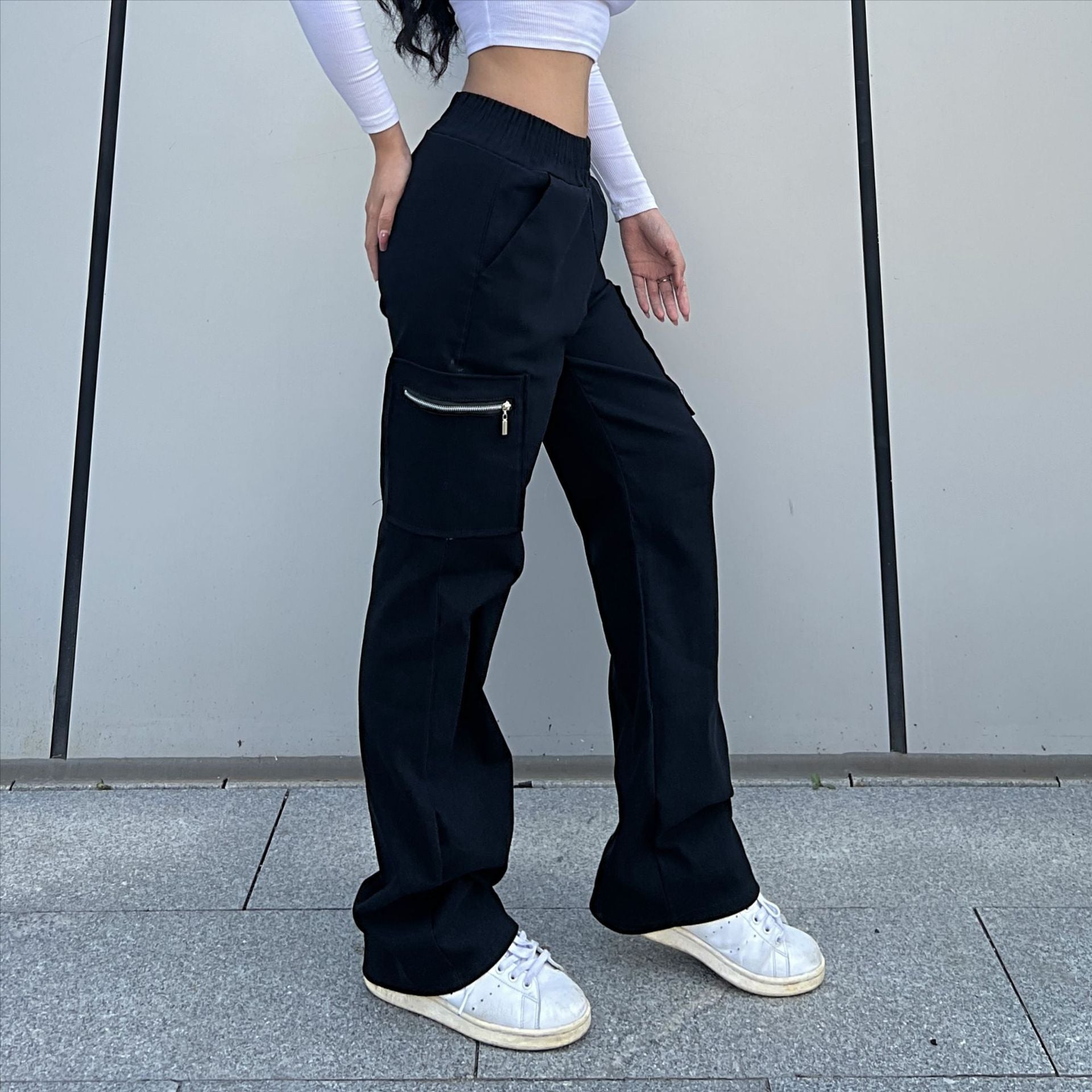 Pantalon tendance pour femme, pantalon cargo tendance, pantalon à fermeture éclair, pantalon droit ample style urbain, pantalon à jambes larges
