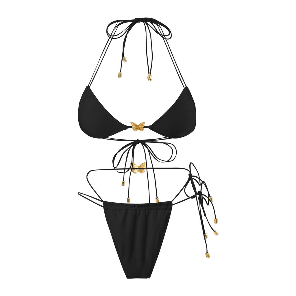Einfarbiger elastischer String Schmetterlings-Ornament Bikini Sexy Split Triangle Bag Tied Swimsuit Damen