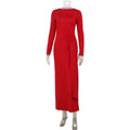 Rundhals Langarm Tiefer Rückenausschnitt Taillierter Schnürsenkel Eleganter Schmaler Roter Teppich Kleid