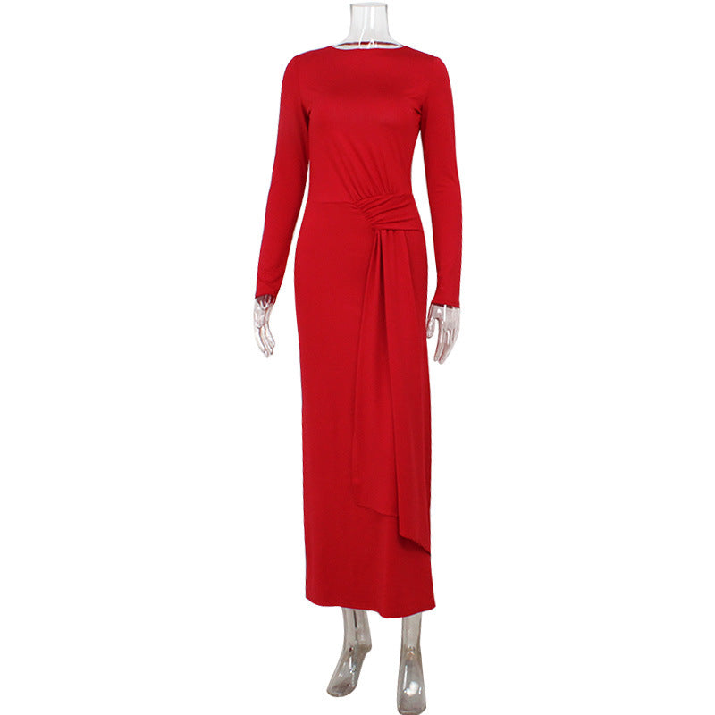 Rundhals Langarm Tiefer Rückenausschnitt Taillierter Schnürsenkel Eleganter Schmaler Roter Teppich Kleid