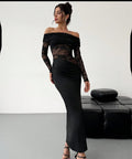 Robe longue maxi découpée à épaules dénudées en dentelle pour femme, coupe moulante sexy à manches longues, vêtement d'été de haute qualité