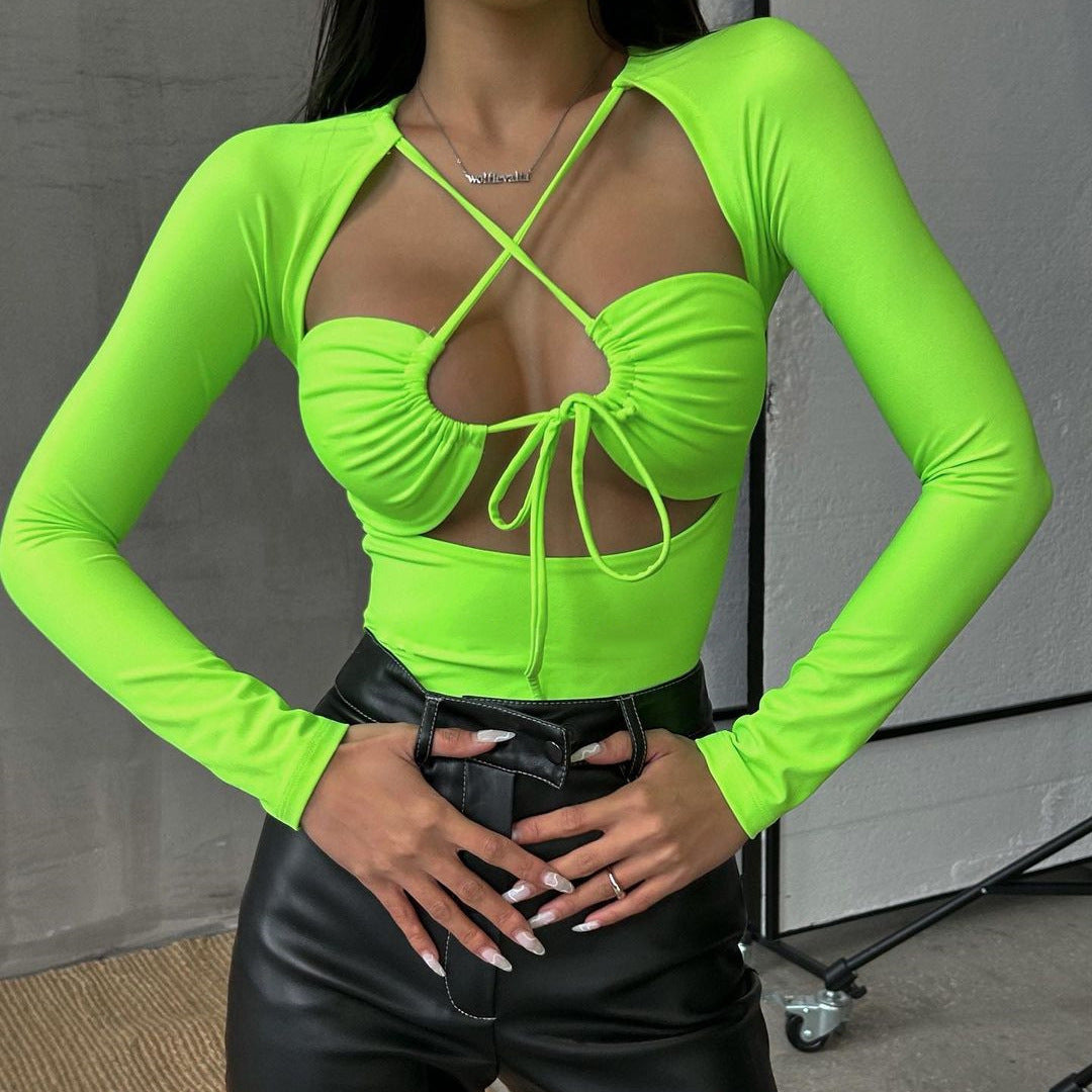 Damen Sommer Sexy Ausgeschnittener Cut-Out-Träger, schmaler, einfarbiger, langärmliger Jumpsuit