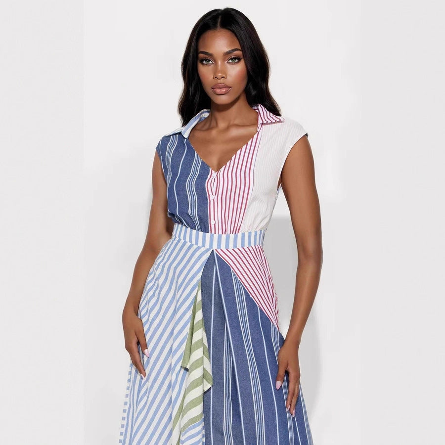 Damenkleidung Cooles Kleid mit Streifen, V-Ausschnitt, unregelmäßigem, asymmetrischem, tailliertem A-Linien-Kleid in Kontrastfarben