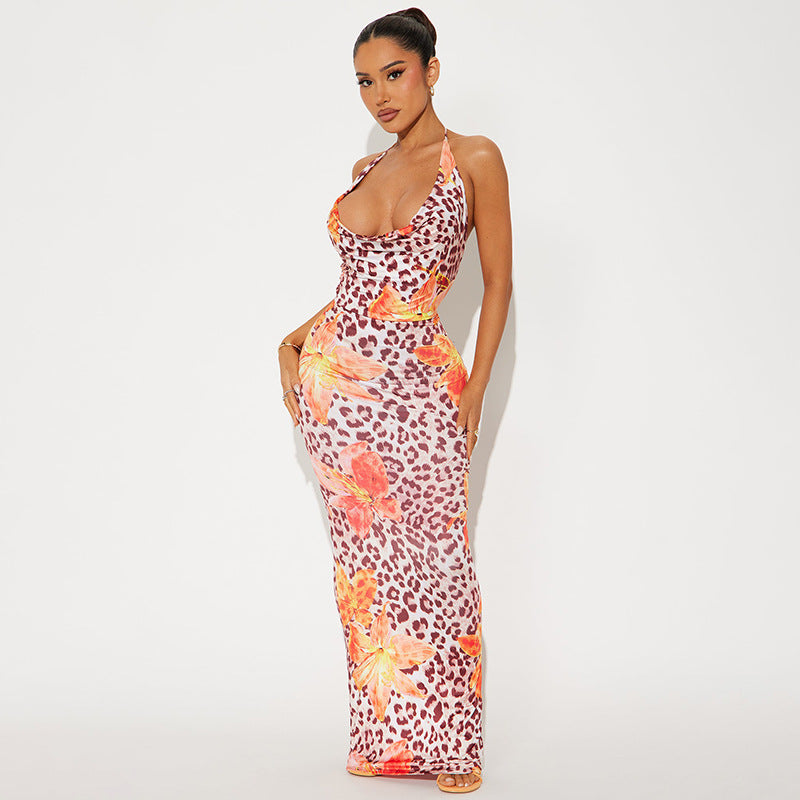 Vêtements Femme Robe Longue Moulante Imprimé Léopard Floral Col Ras du Cou Dos Nu à Lacets Élégante