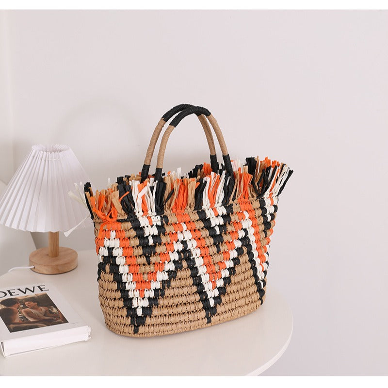 Sac de paille à bords lâches, sac tissé portable à bords lâches de couleur assortie, sac de plage pour les vacances à la mer, sac pour femme