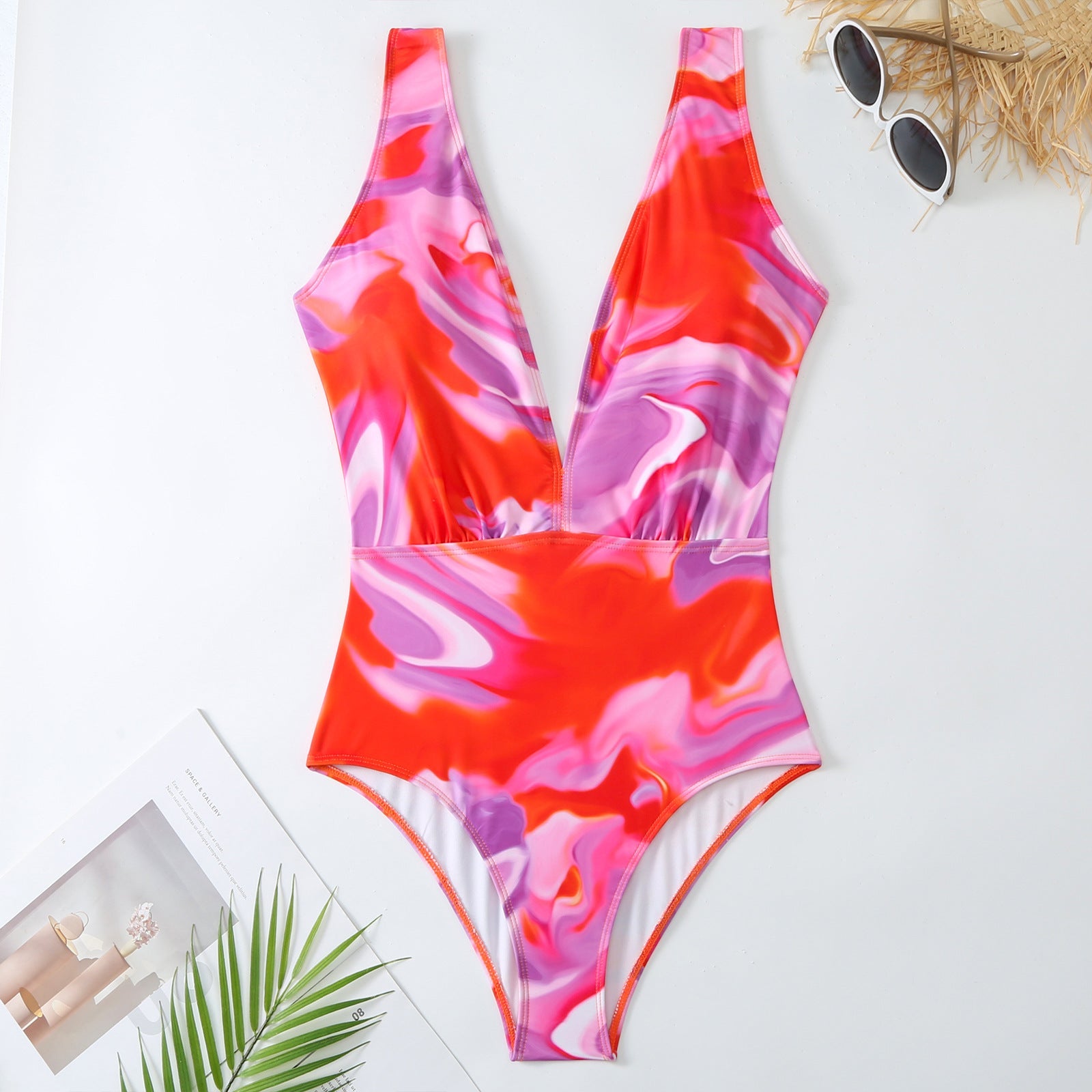 Retro One-Piece-Badeanzug für Damen, tiefer V-Ausschnitt, zum Schnüren, Chiffonrock-Set