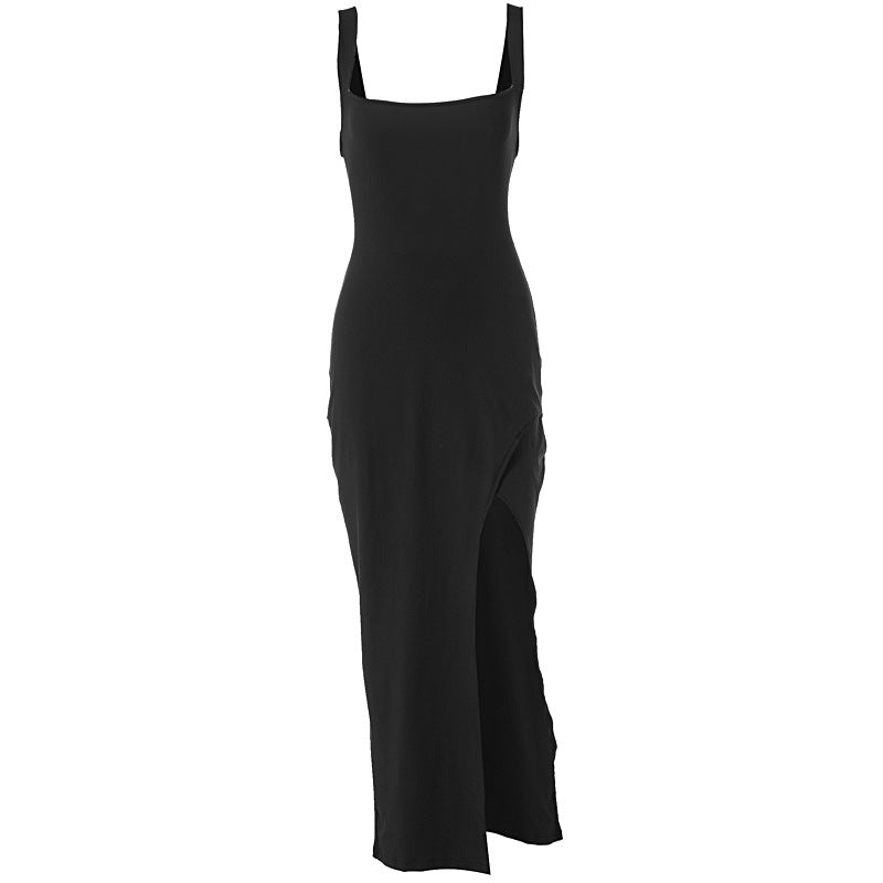 Robe d'été élégante sans manches fente dos nu à bretelles fourreau pour femme