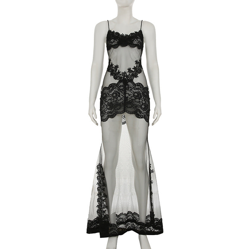 Sommer Damen Mesh Spitze Spaghetti-Träger Kleid Durchsichtig Sexy Nachthemd Urlaub Maxikleid
