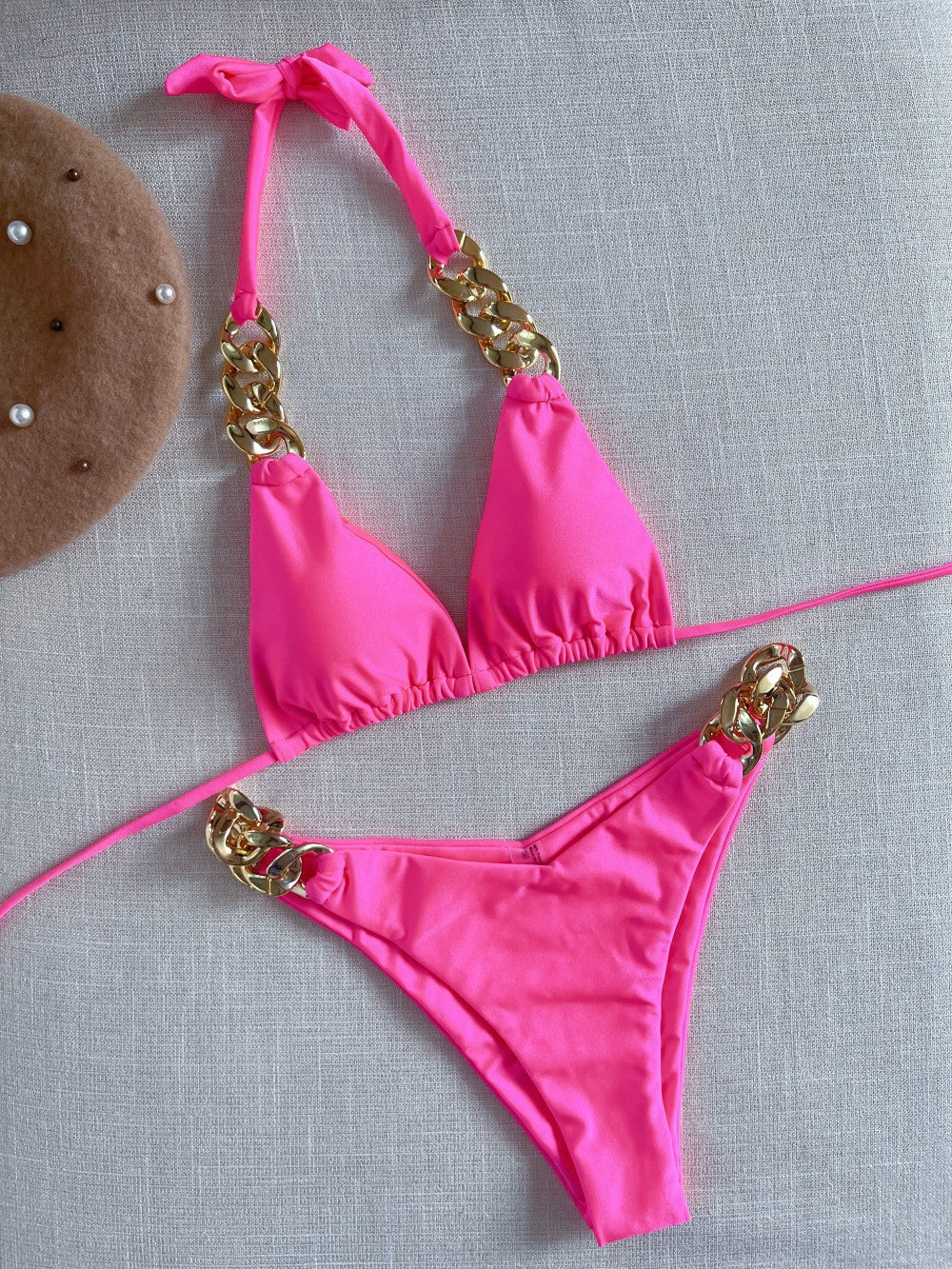 Bikini Sexueller Badeanzug Große Goldkette Accessoires Riemen Einfarbig Split-Badeanzug