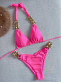Bikini Sexueller Badeanzug Große Goldkette Accessoires Riemen Einfarbig Split-Badeanzug