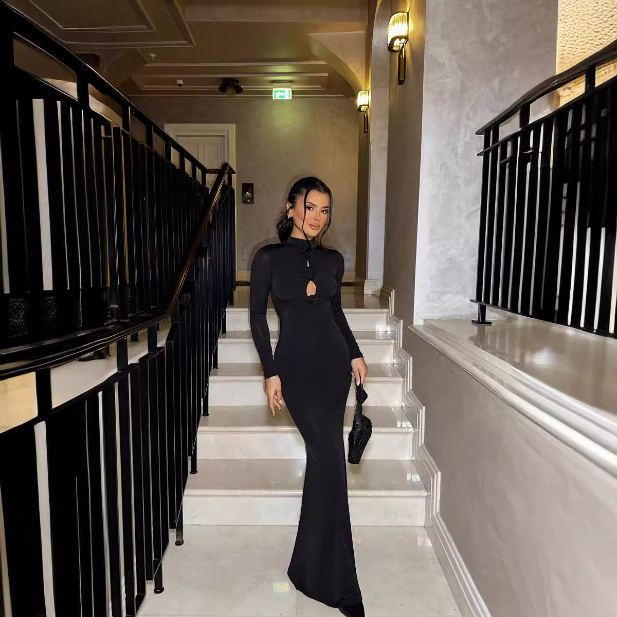Damen Herbstkleidung Sexy Cutout Socialite Private Kleidung Elegantes dreidimensionales florales Langarm-Maxikleid mit schmaler Passform