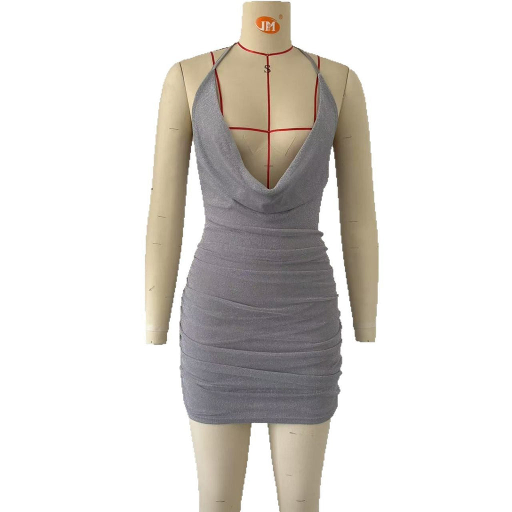 Robe plissée sexy pour femme, décolletée, dos nu, coupe ajustée, hanches nues