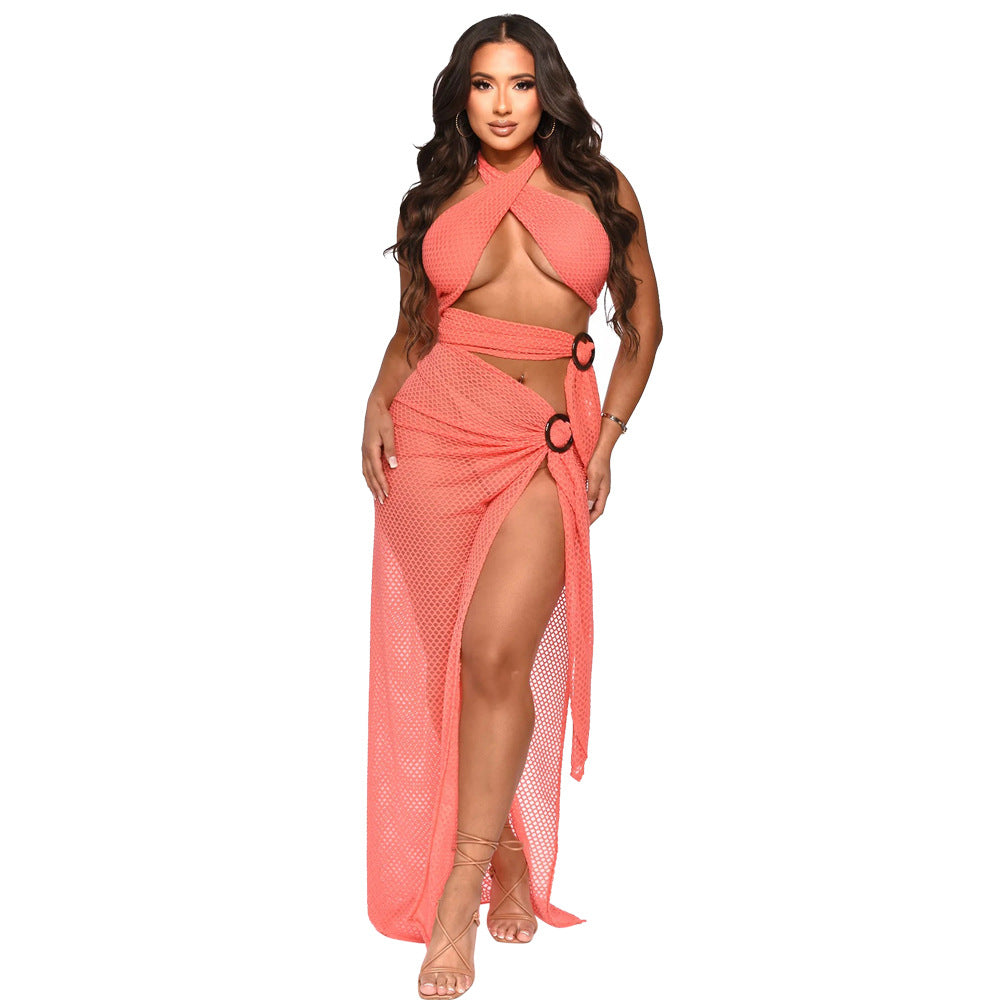 Sexy Neckholder Mesh Schlankes Kleid mit hohem Schlitz für Damen, einfarbig