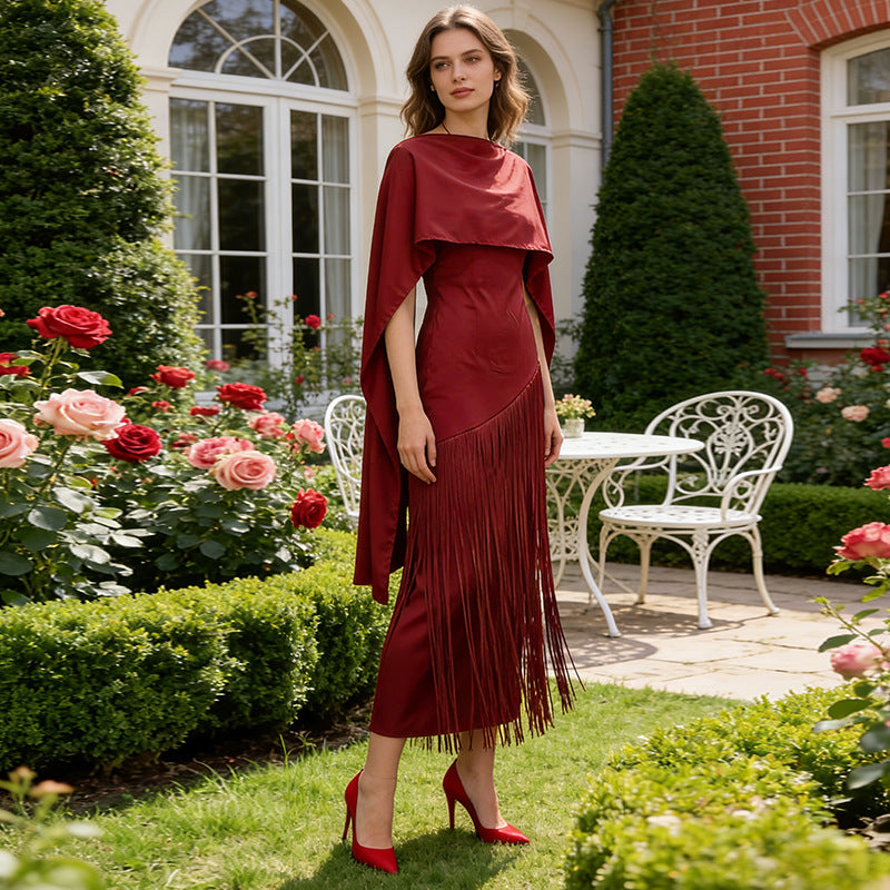 Robe Trapèze Femme Printemps Élégante Rétro Faux Deux Pièces Longue Jupe Châle Design Gland