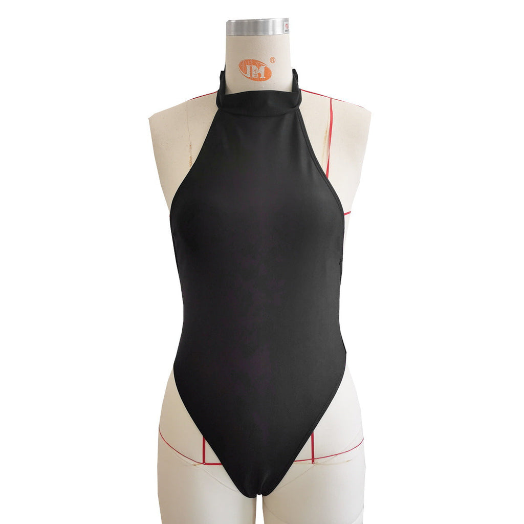 Pure Black One Piece Swimsuit Women Diamond Chain Sexy Backless One Piece Halter Strap Swimming