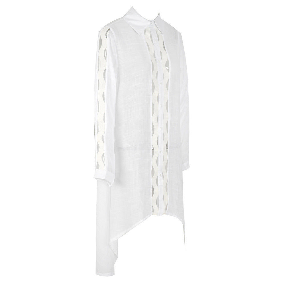Slub-Baumwolle Patchwork-Kanten Hemd Sonnenschutz Cardigan Urlaub Strandmantel Bikini-Überwurf Bluse