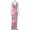 Vêtements Femme Robe Longue Moulante Imprimé Léopard Floral Col Ras du Cou Dos Nu à Lacets Élégante