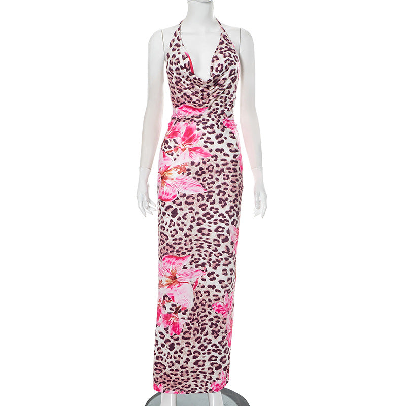 Vêtements Femme Robe Longue Moulante Imprimé Léopard Floral Col Ras du Cou Dos Nu à Lacets Élégante