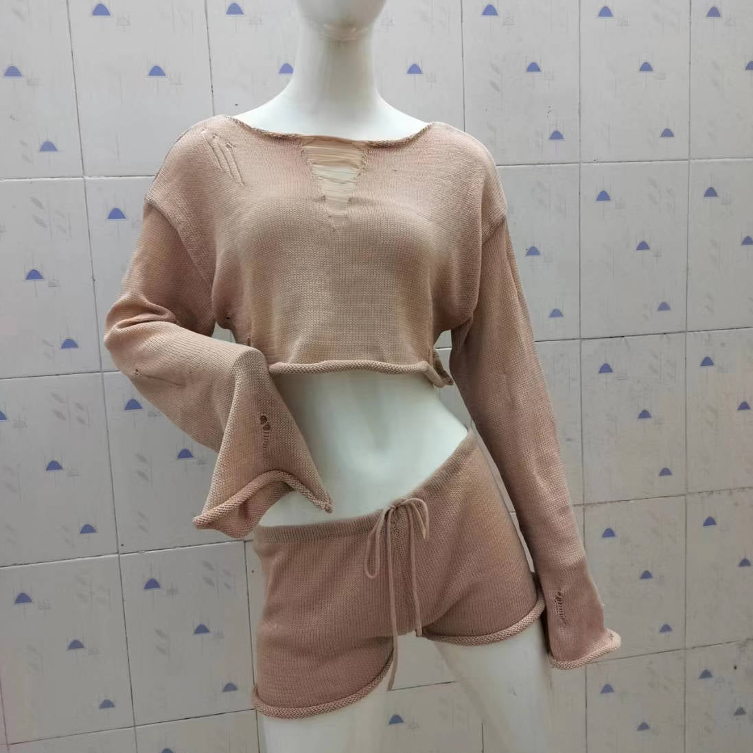 Ensemble deux pièces en tricot pour femme, printemps-été, pour les vacances à la mer, protection solaire, top court et short sexy.