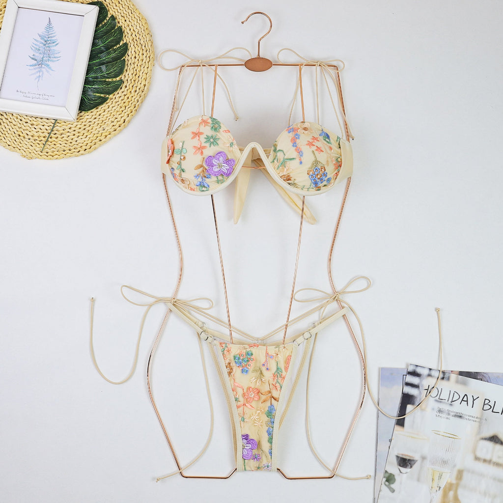 Maillot de bain bikini push-up brodé pour femme, sexy, à fines bretelles, soutien-gorge à trois points, maillot de bain deux pièces