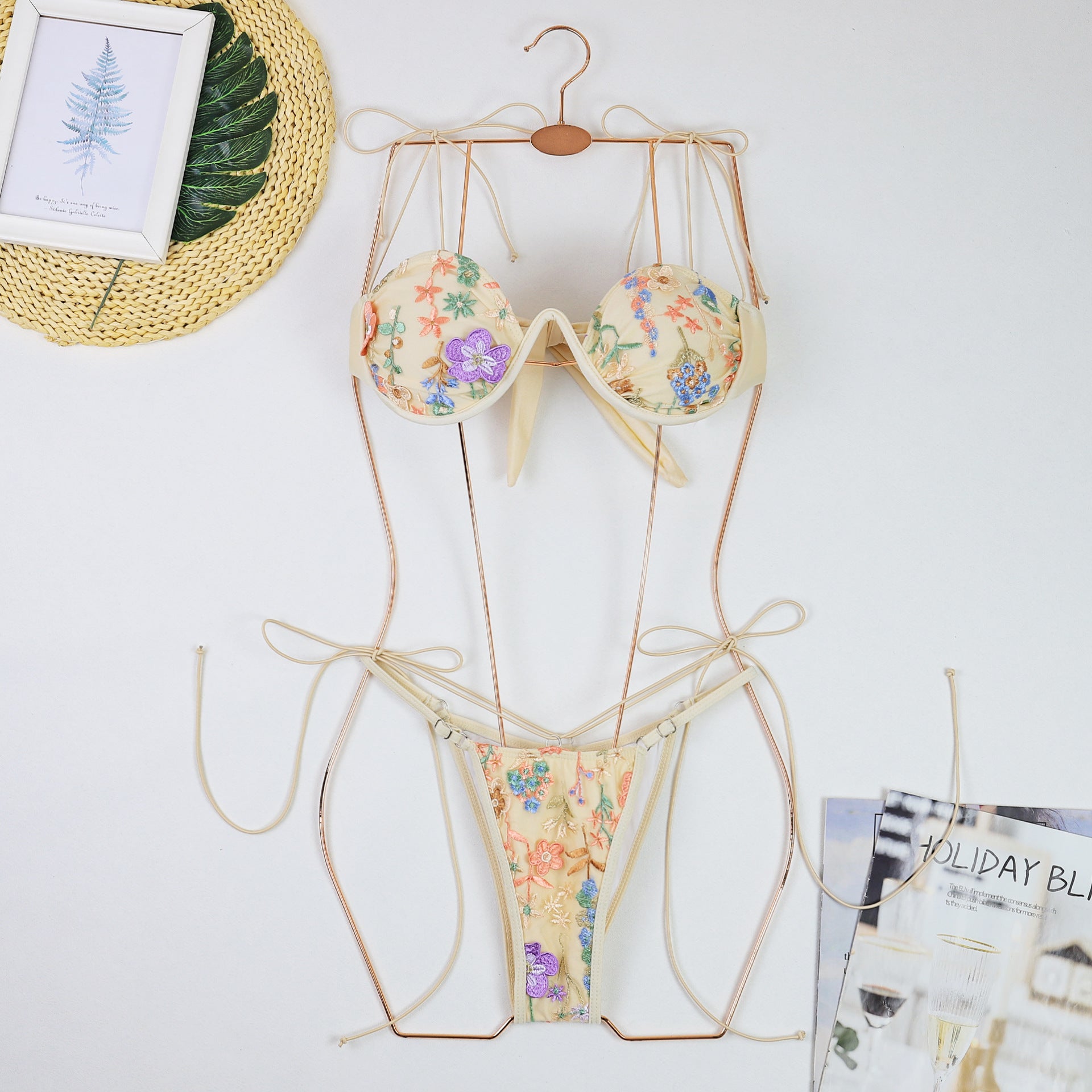 Maillot de bain bikini push-up brodé pour femme, sexy, à fines bretelles, soutien-gorge à trois points, maillot de bain deux pièces