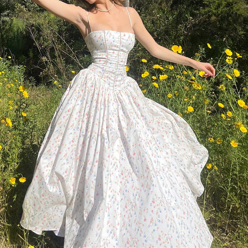 Robe longue d'été sexy à bretelles imprimé floral de style pastoral français pour femmes
