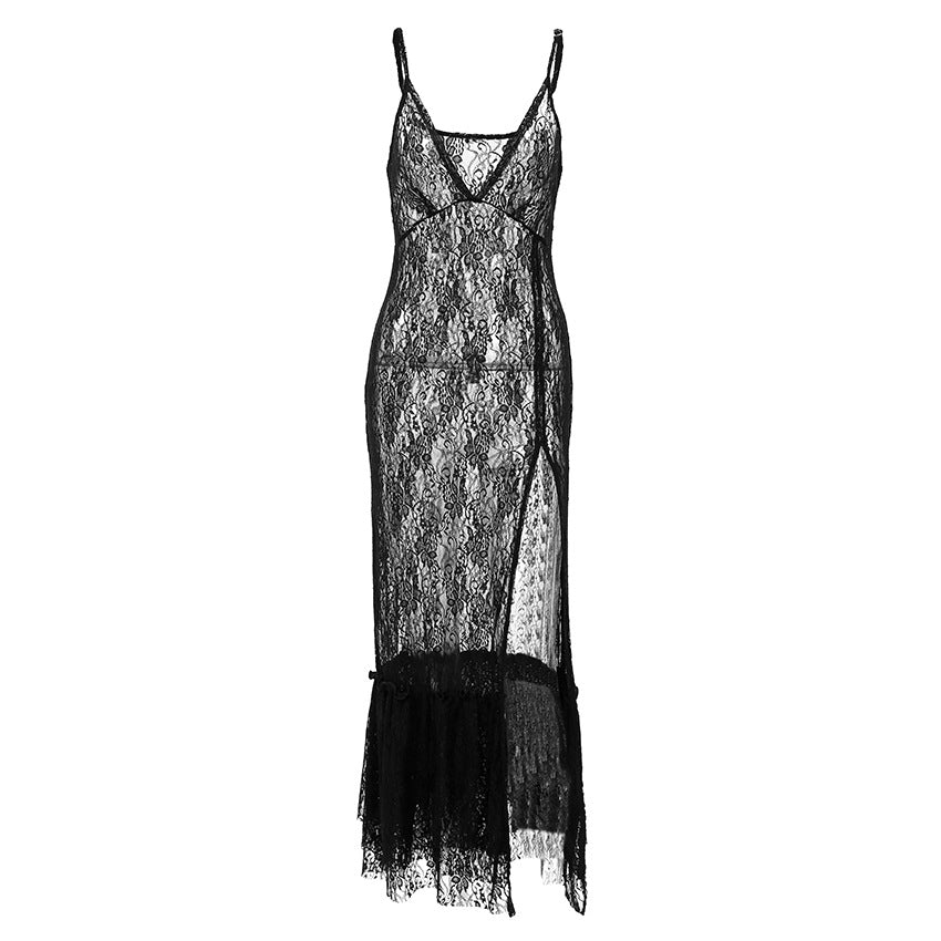 Robe longue sexy en brocart noir avec bretelles en dentelle, coutures creuses et ajourées, transparente