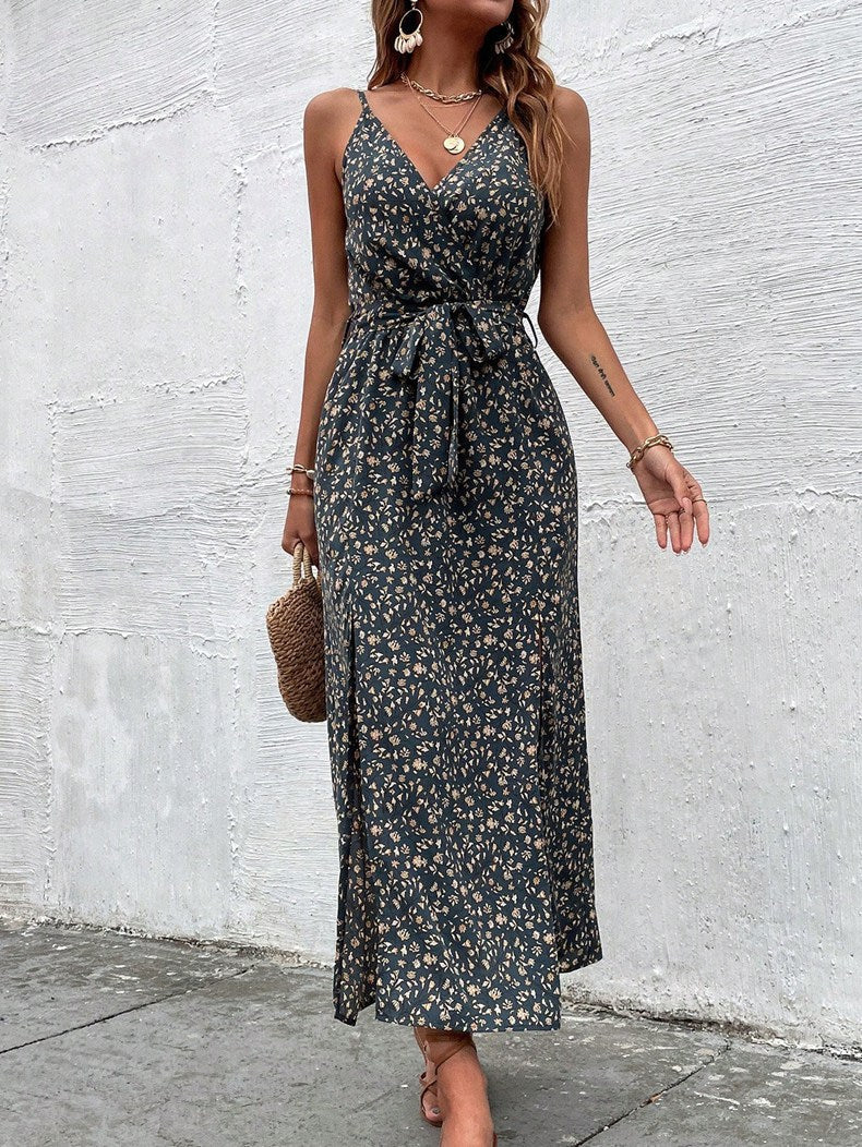 Damen Kleider Sommer Böhmisches Trägerkleid Bedrucktes Maxi-Kleid mit langem Schlitz