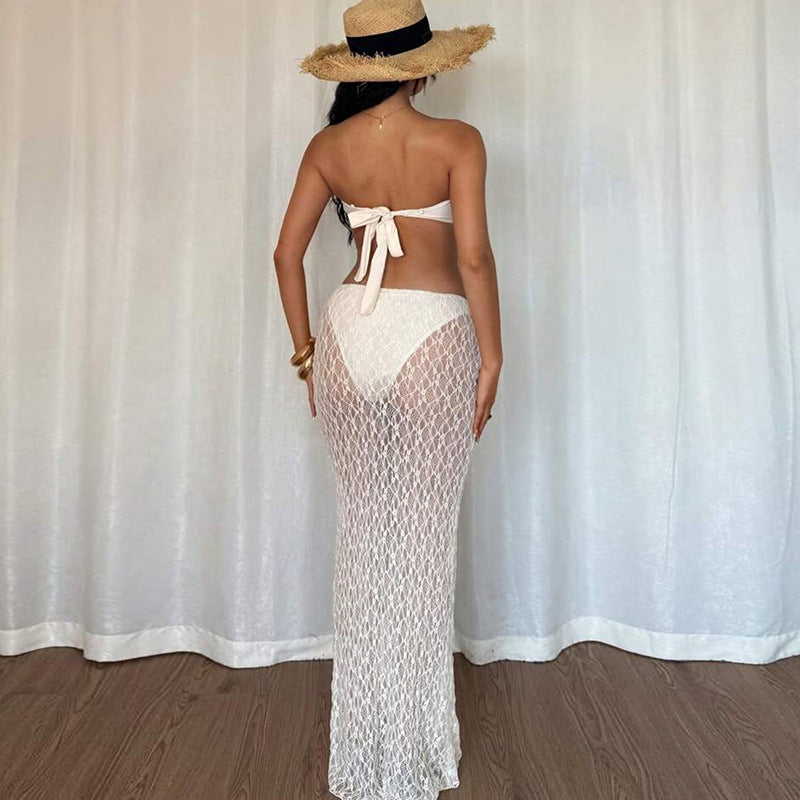 Sommer Damenbekleidung Einfarbig Sexy Schnür-Tube-Top Spitzen-Maxirock Zweiteiler Set für Damen