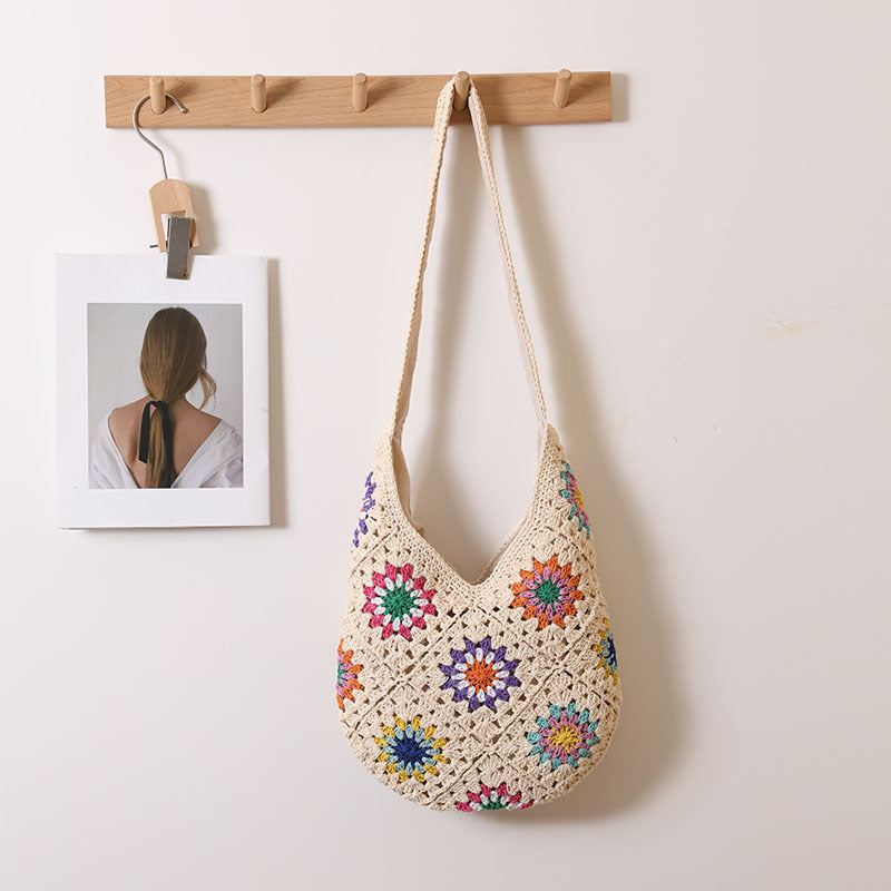 Sac en paille décontracté tissé en fil de coton floral coloré ethnique Sac de plage de vacances Sac à bandoulière inactif