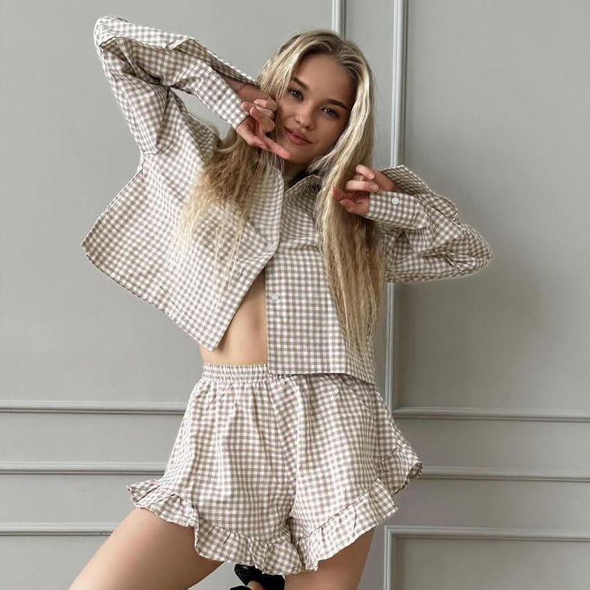 Karierter Cardigan Langarm Shorts Homewear Herbst Baumwolle Locker Lässige Pyjamas Damen